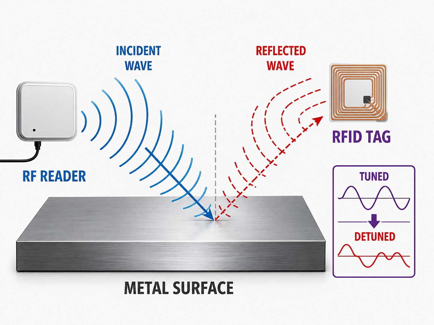 Visualization of radio frequency signals reflecting off metal surfaces causing signal phase shift and RFID tag detuning