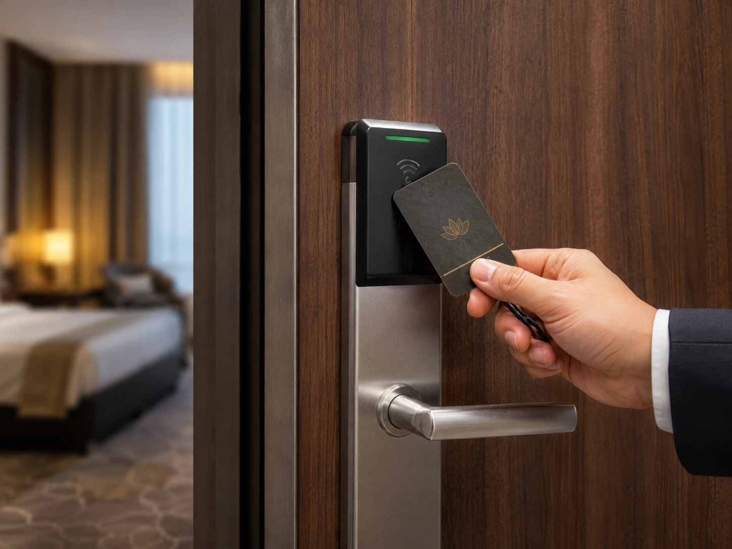 A smart hotel electronic door lock reading a matching RFID guest credential key fob system