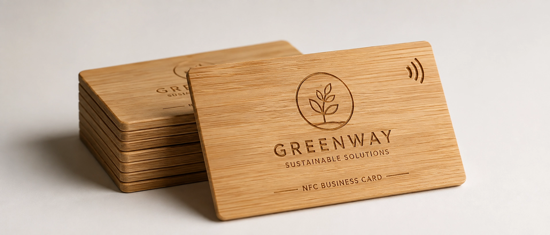 Natural eco-friendly bamboo wood NFC business cards with laser engraved branding surface Natural eco-friendly bamboo wood NFC business cards with laser engraved branding surface